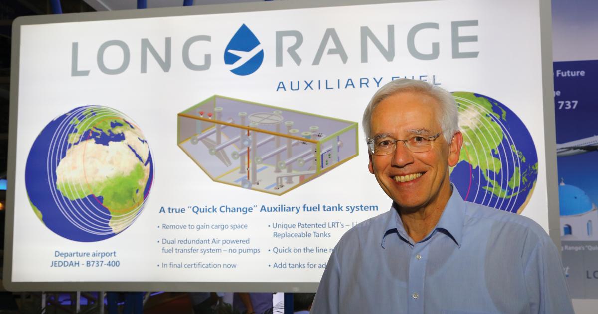 Karl Lang, Long Range president and CEO, has developed an auxiliary fuel system for Boeing 737s. The “quick change” line-replaceable tank system offers considerable flexibility for operators wanting to increase the range of their legacy 737s to that of a BBJ.

