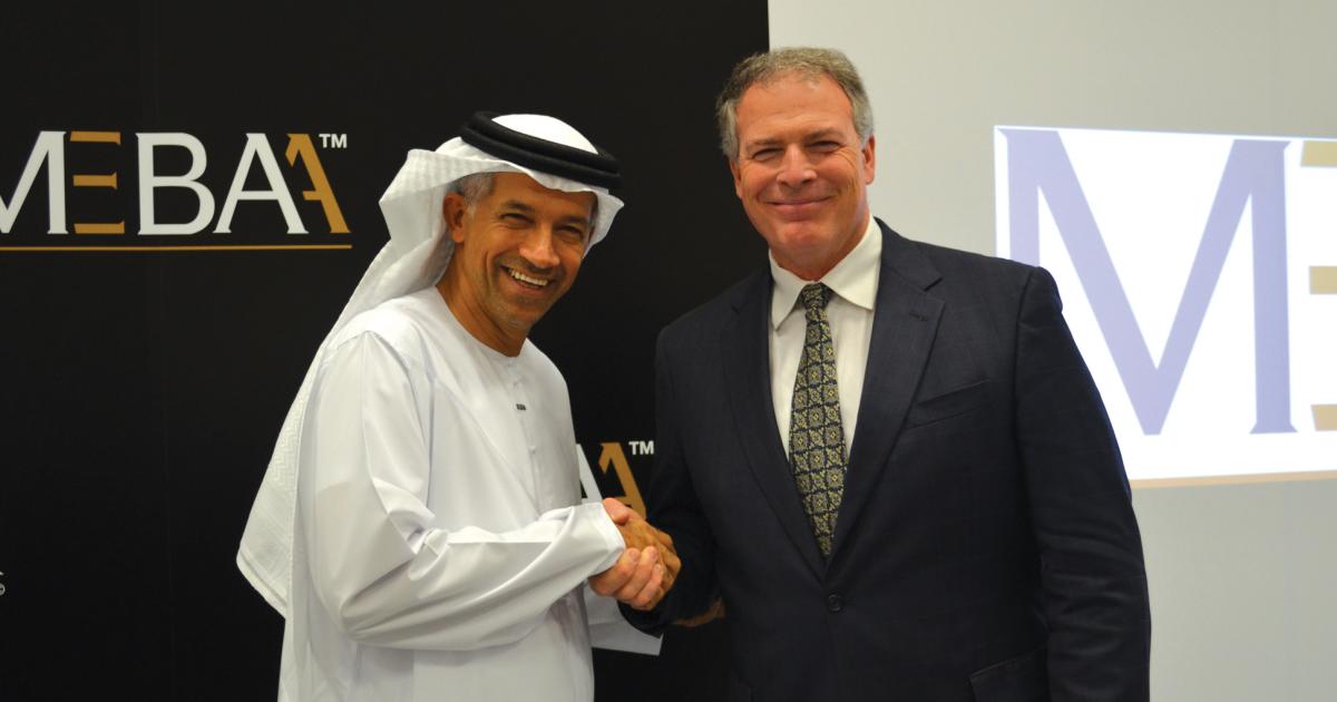 MEBAA founding chairman Ali Al Naqbi, left, met with General Aviation Manufacturers Association president Pete Bunce here at MEBA, further reaffirming the bond between the two organizations.
