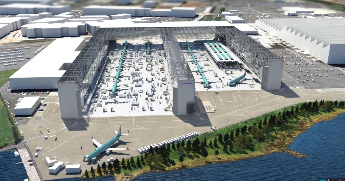 Boeing plans to increase the capacity and production rate at its 737 plant in Renton, Wash., shown here in an artist's rendering, from 42 airplanes per month to 47 in 2017. (Image: Boeing)