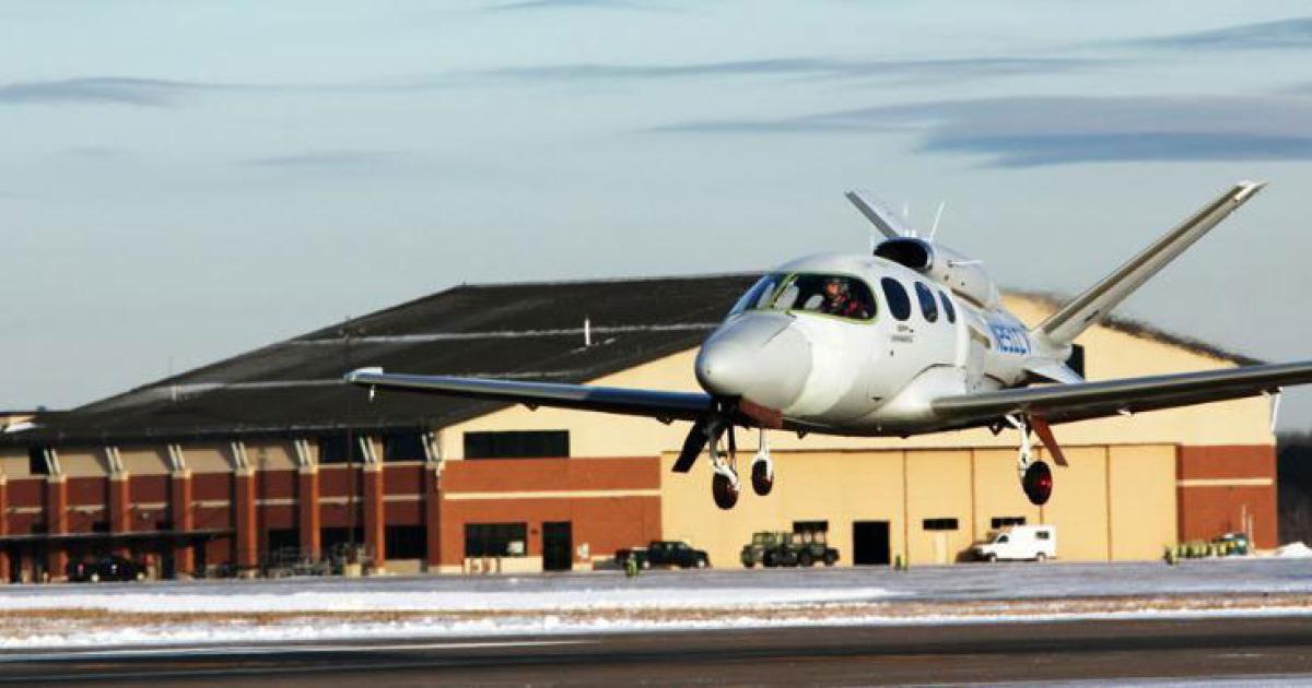 The second conforming Cirrus Vision SF50 jet single, dubbed “C-One” (C1), joined the flight-test fleet on November 25, achieved a 45-minute maiden flight after lifting off from Duluth International Airport at 3:30 p.m. CST. The all-composite, single-engine jet joins the first certification flight-test SF50, “C-Zero” (C0), which has logged nearly 150 flights and 220 hours since it began flying on March 24. (Photo: Cirrus Aircraft)
