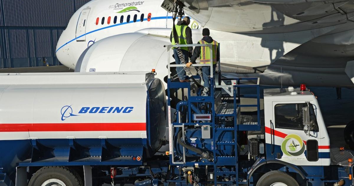 Crews pump a blend of "green diesel" and traditional jet fuel into Boeing's 787 ecoDemonstrator. (Photo: Boeing)