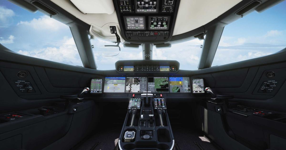 Gulfstream’s G500/G600 Symmetry cockpit eliminates bulky yokes and introduces touchscreen avionics controls.
