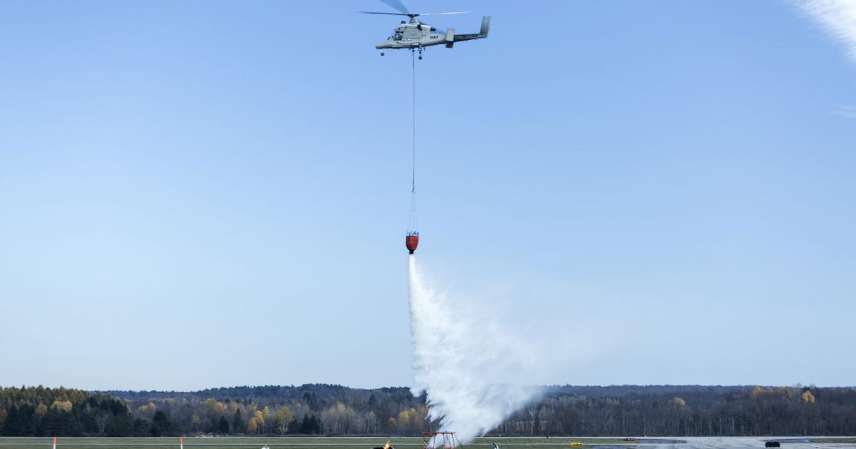 During recent tests in one hour, the unmanned K-Max lifted and dropped more than 24,000 pounds of water onto the target fire.