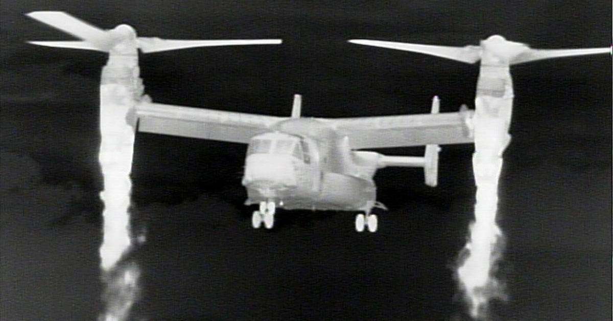 An infrared image of the V-22 Osprey performing at the Singapore Airshow earlier this year. Japan is planning to buy 17 tiltrotors. (Photo: Cloud Cap Technologies)