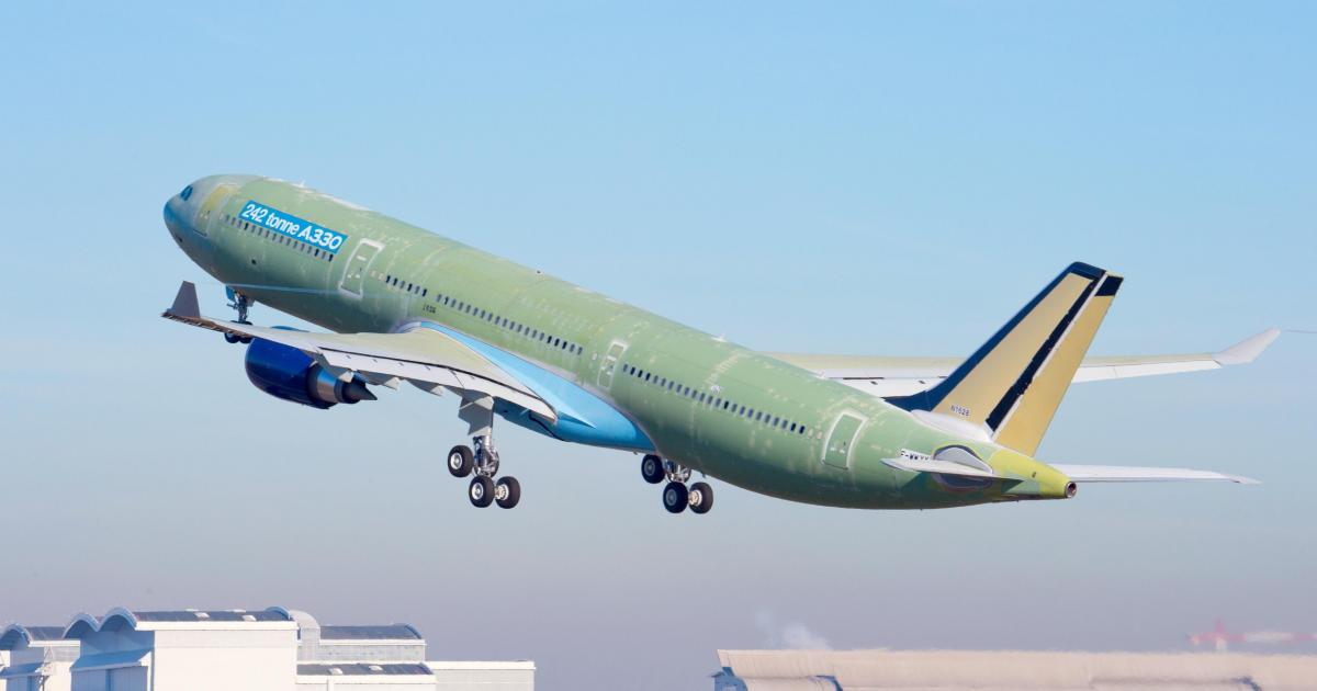 The first A330 designed for a 242-metric-ton maximum takeoff weight takes off from Toulouse on January 12. (Photo: Airbus)