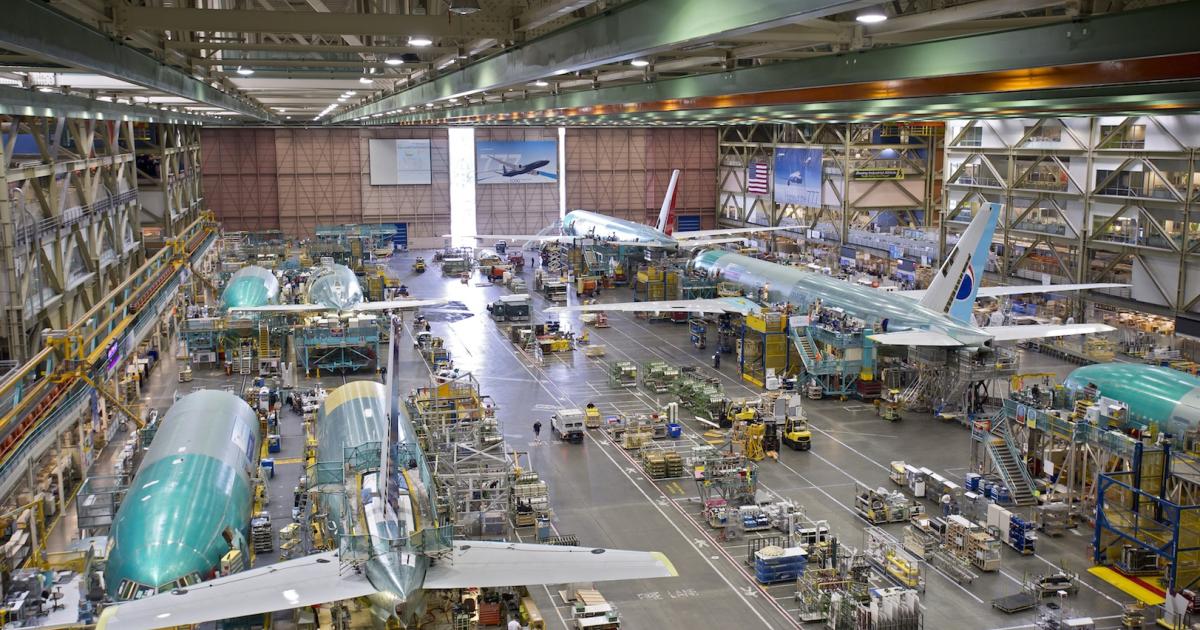 Boeing’s 777 line in Everett, Washington, produced 99 airplanes last year. (Photo: Boeing) 