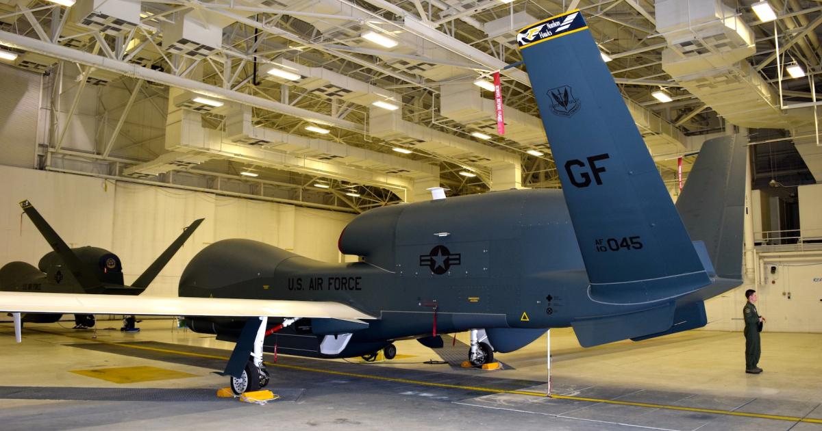 A U.S. Air Force Global Hawk is shown in a hangar at Grand Forks Air Force Base, N.D. (Photo: Bill Carey)