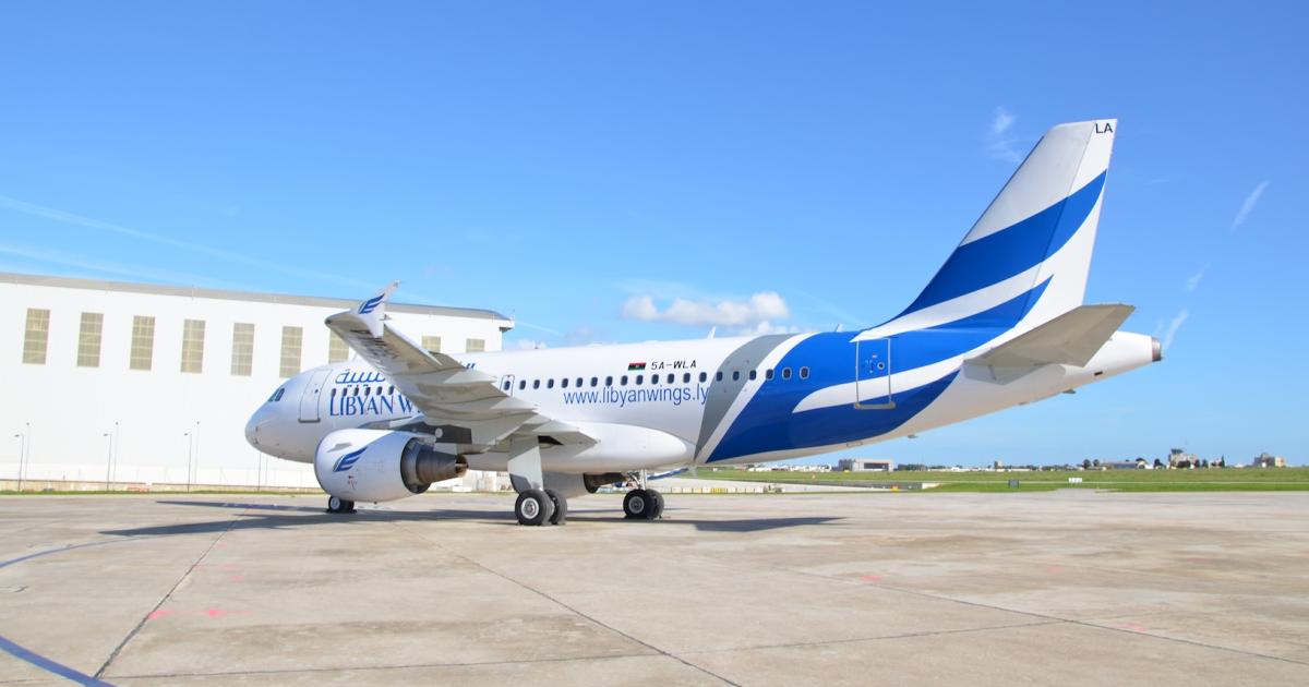 The second of a pair of Libyan Wings Airbus A319s sits parked in Malta awaiting clearance to fly to its ultimate base in Tripoli. 