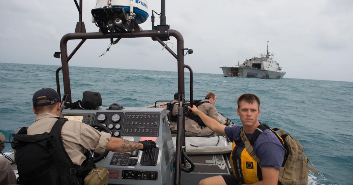 Sailors from the U.S. combat ship USS Fort Worth prepare to launch a Tow Fish side scan sonar system from the ship’s inflatable boat. (Photo: U.S. Navy)   