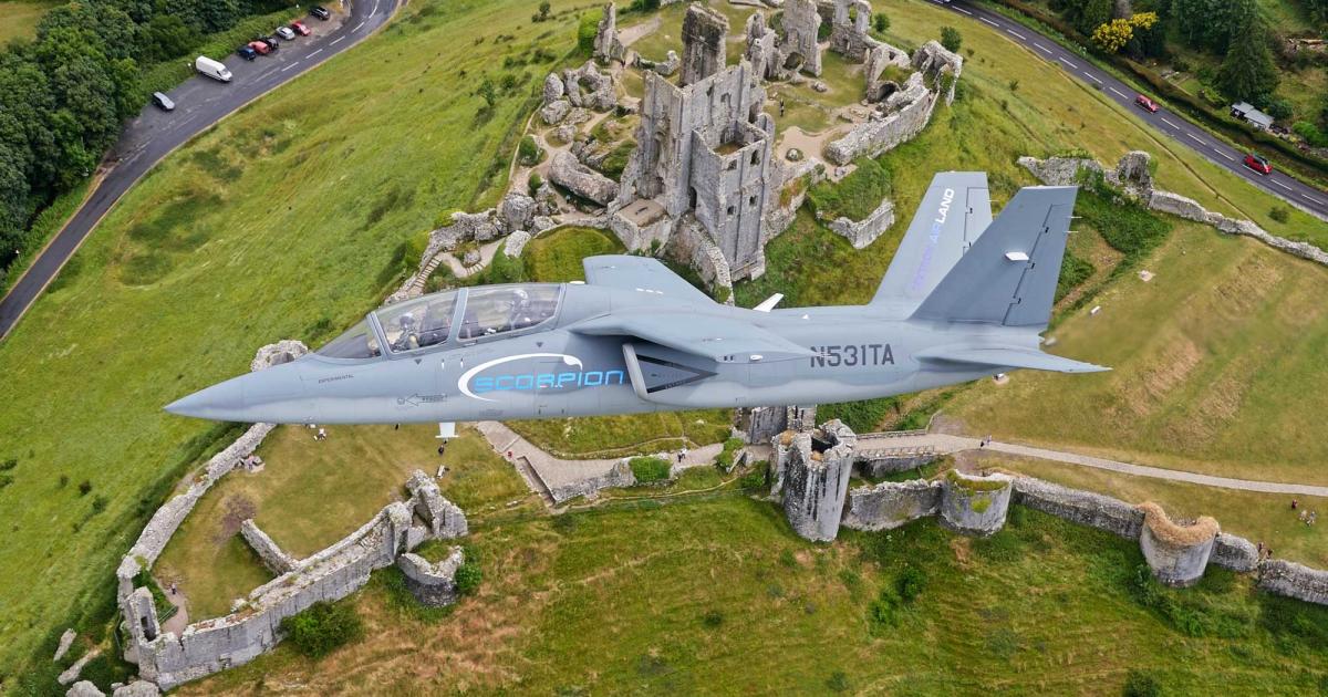 The prototype Scorpion flies over Corfe Castle in the UK during the type's first international excursion to RIAT and Farnborough last July. (photo: Jamie Hunter/Textron Airland)
