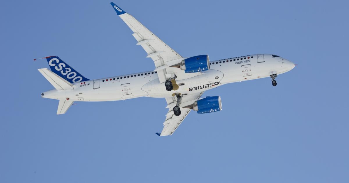 The Bombardier CS300 first flight-test vehicle is shown on its maiden flight February 27. (Photo: Bombardier Aerospace)