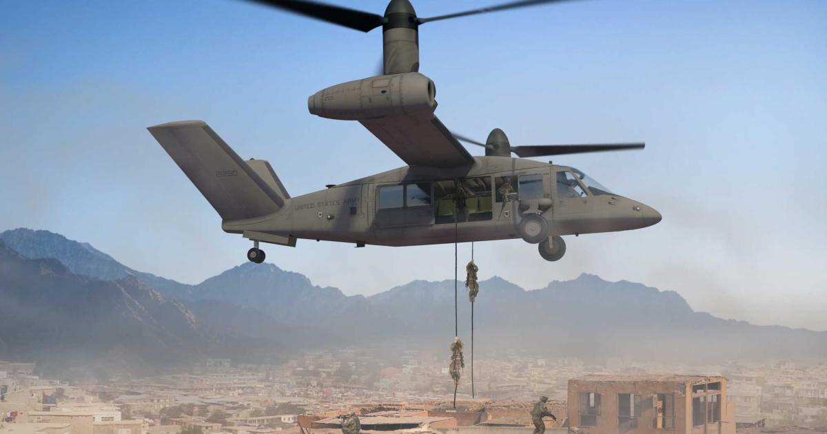 Designed to carry 11 fully outfitted troops, the developmental Bell V-280 tiltrotor is expected to fly up to 800 nm at 280 knots. Unlike the current V-22 Osprey, only gearboxes and prop-rotors rotate upward for helicopter mode. First flight is scheduled for 2017.