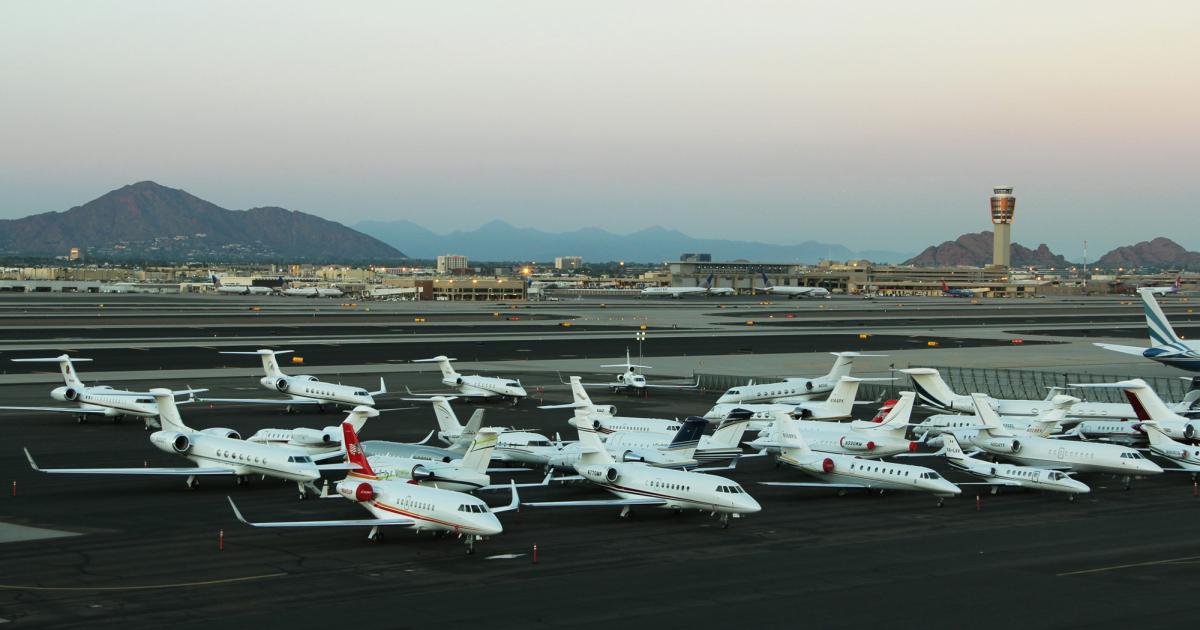 Phoenix-area FBOs handled nearly 1,100 business and general aviation operations over Super Bowl weekend. Shown here: Cutter at Sky Harbor during the game. (Photo: Barry Ambrose)