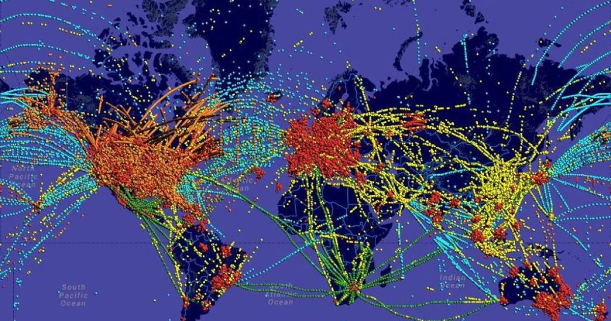 Data sources are represented by different colors in this flight tracking map provided by Rockwell Collins.