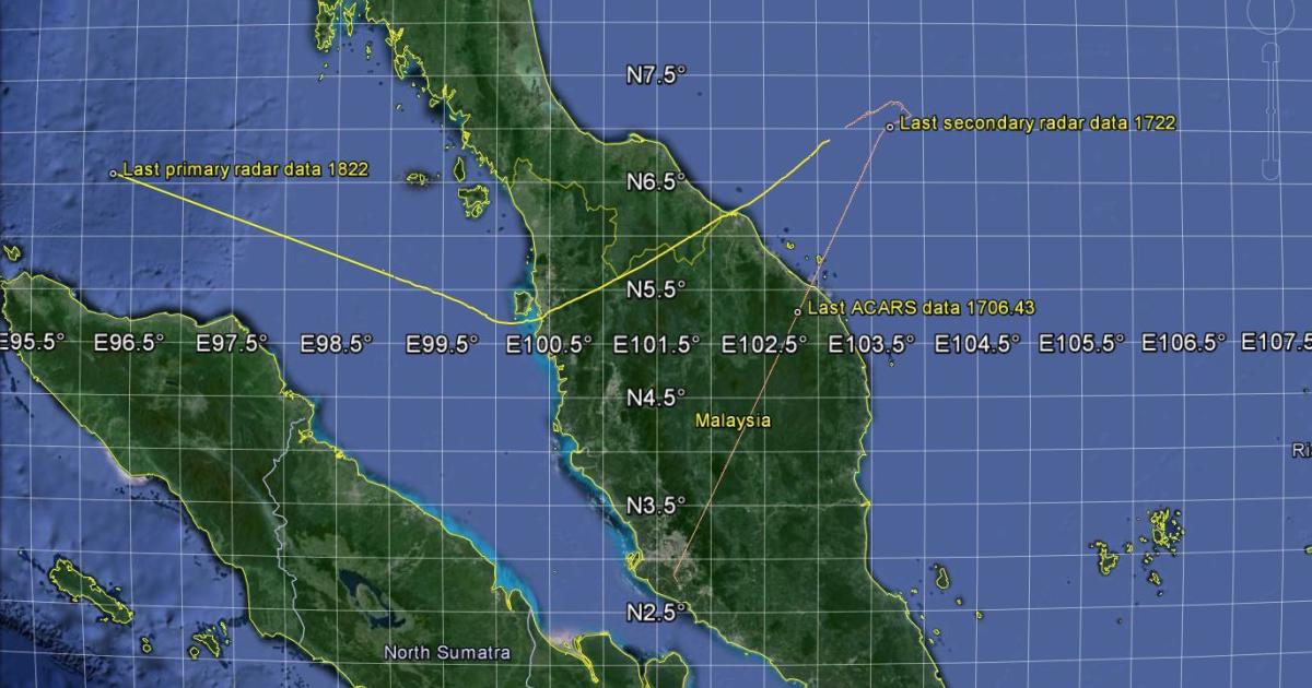 This calculation of the flight path of MH370 after it disappeared from secondary radar screens, derives from an analysis of recorded traces of primary radar returns. 