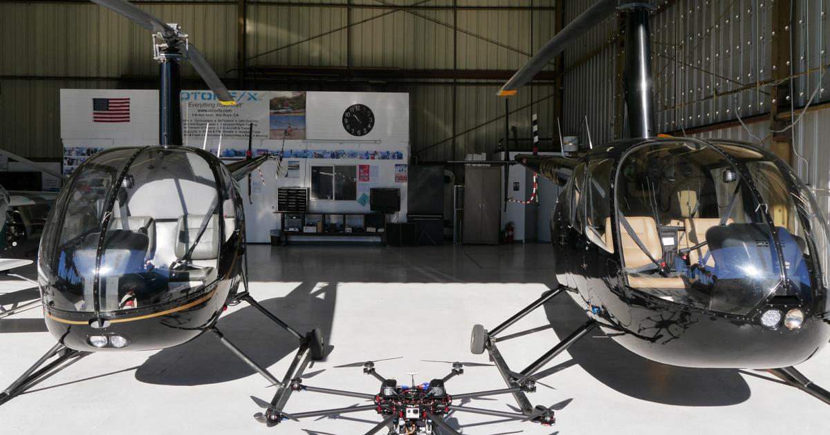 The Rotor F/X stable of aircraft includes the custom-made MR14 multi-rotor unmanned aircraft, shown at center. (Photo: Rotor F/X)
