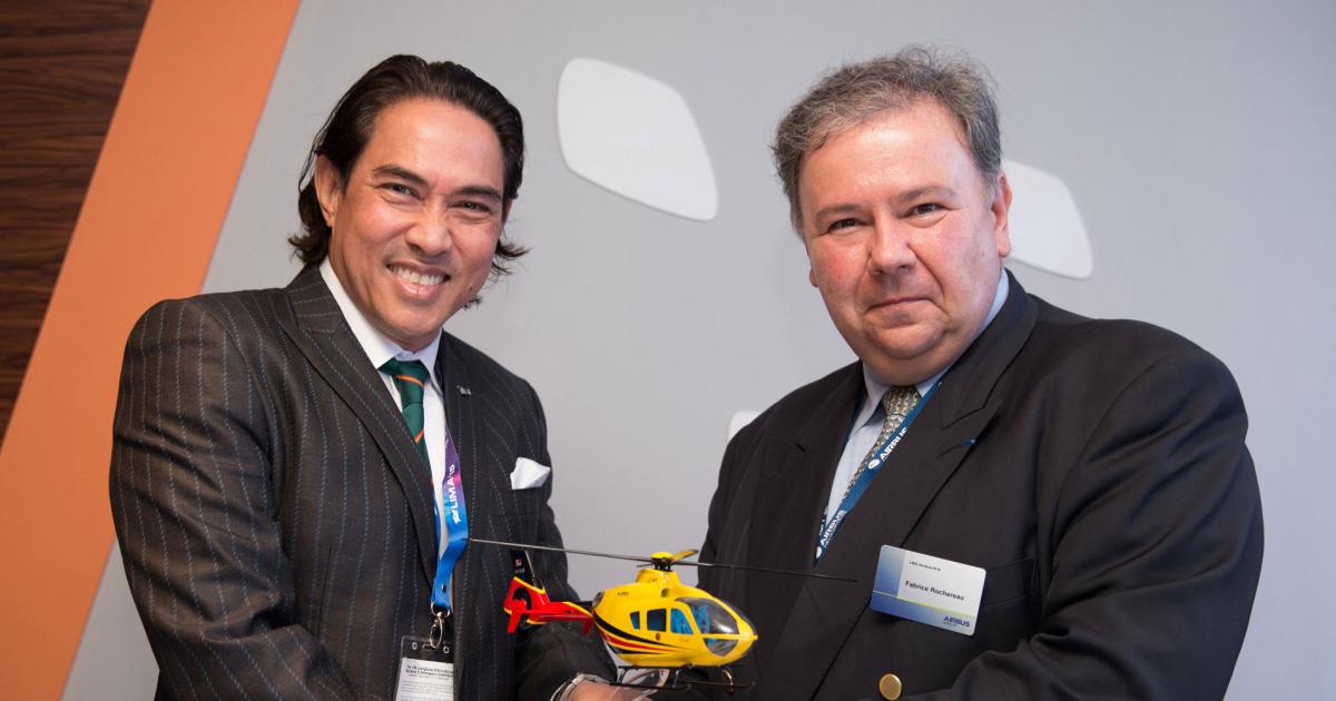 Dato’ Seri Mahmud Abu Bekir Taib, left, chairman of Sarawak Cable, parent company of Aerial Power Lines, signs an agreement for EMS-configured Airbus H135s with Airbus Helicopters v-p and head of sales for Southeast Asia and Pacific Fabrice Rochereau. 