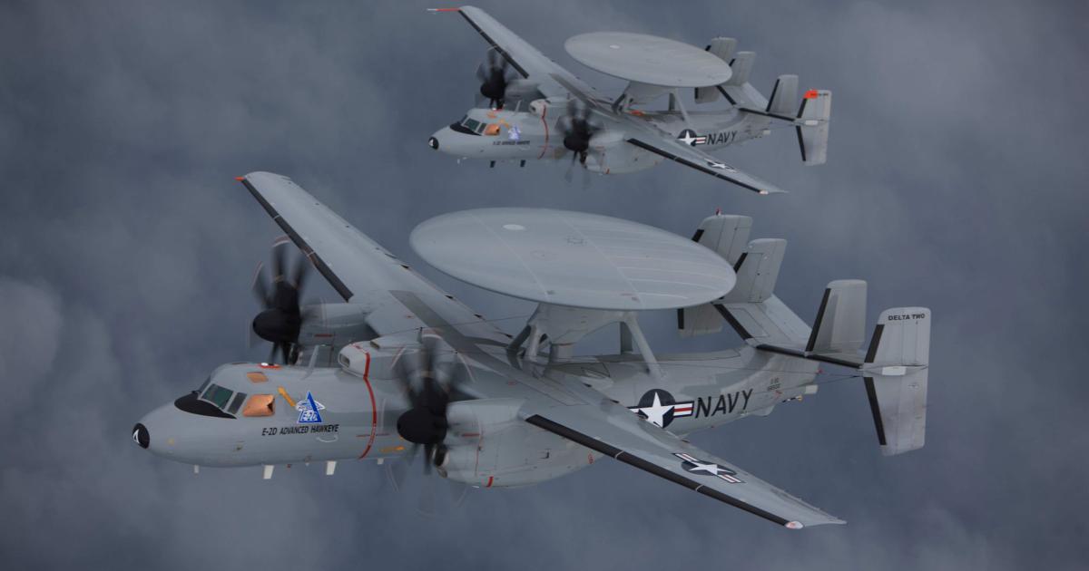 Two E-2D Advanced Hawkeyes fly together during the development program, that has now nearly concluded. (Photo: Northrop Grumman)