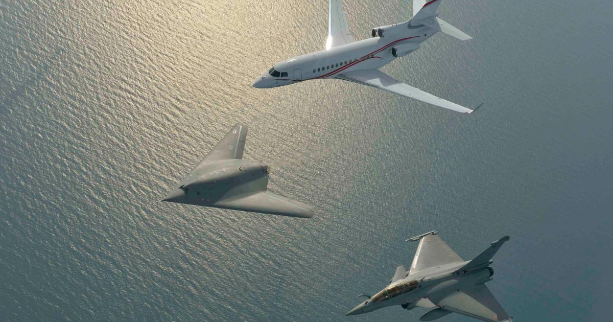 Dassault’s three current aircraft programs–the Neuron UCAV, Rafale warplane, and Falcon business jet–were captured together in flight last April. (Photo: Dassault)