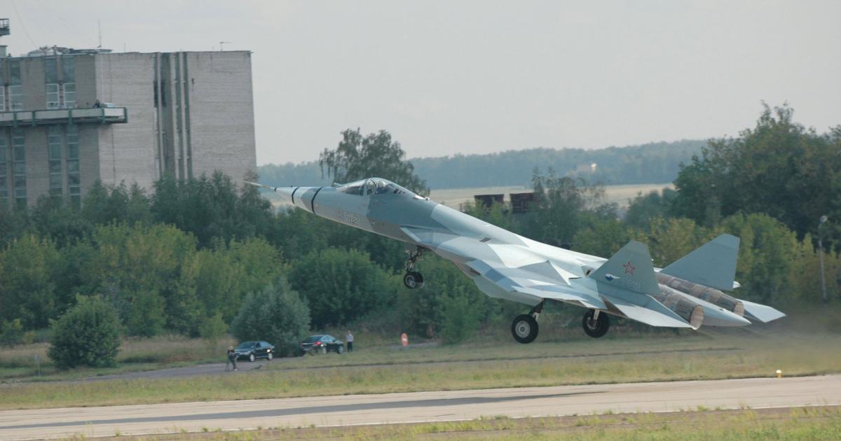 One of the six T-50 prototypes that have flown to date touches down at the Zhukosky test base. (Photo: Vladimir Karnozov)