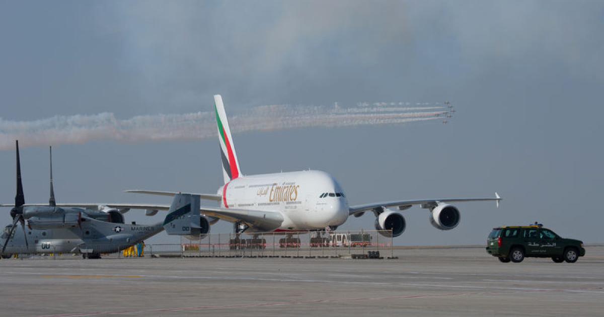 A GP7200-powered Emirates A380 taxis during preparations for the 2013 Dubai Air Show. (Photo: Airbus)
