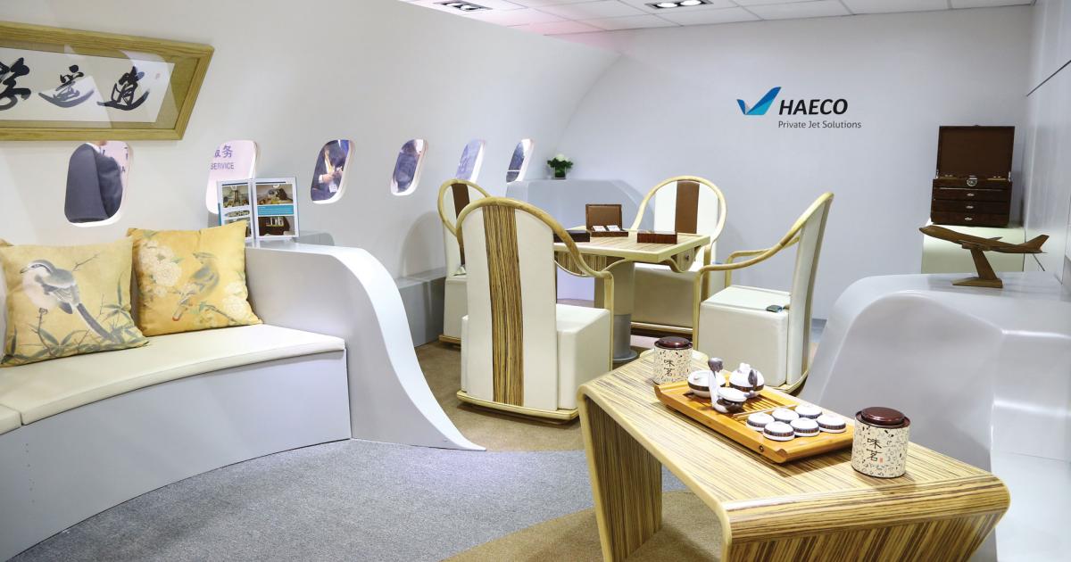 Having shown a miniature of its feng shui-inspired interior design last December,at the MEBAA show, Haeco now has a full-scale model of its cabin “tea area” here at ABACE.
