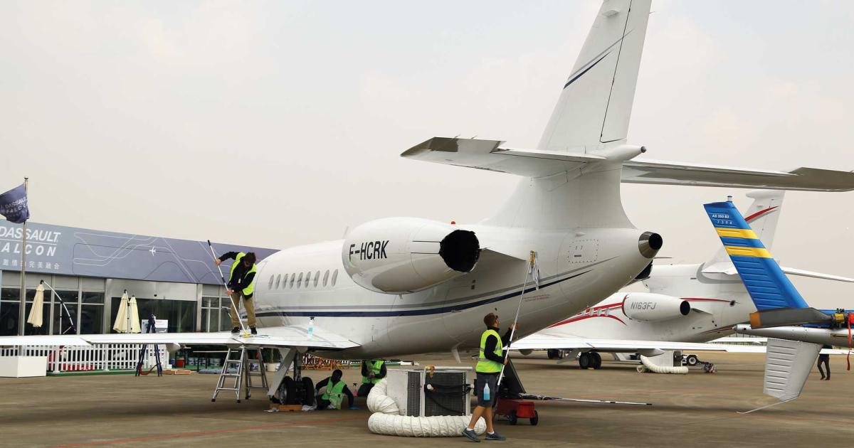 Dassault’s Falcon business jet line, including Model 2000-series twinjets, such as this one here at ABACE, have gotten a boost in support here in the Asia-Pacific region.