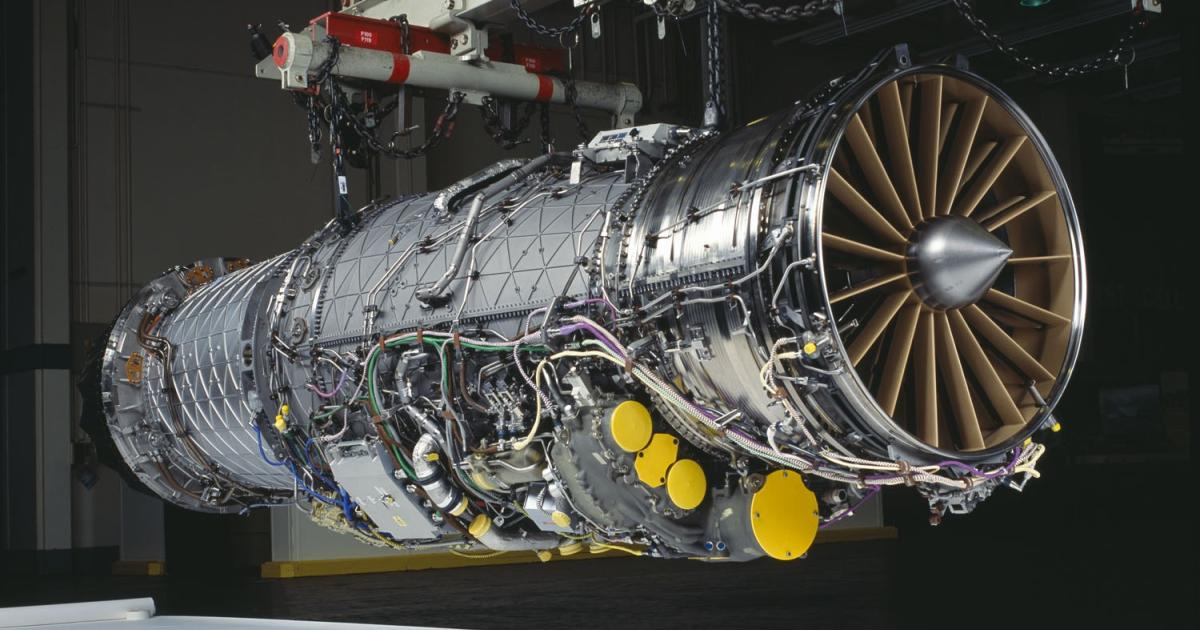 A Pratt & Whitney F135 turbofan, the engine used in the F-35 Lightning II, is mounted on a test stand. (Photo: Pratt & Whitney)