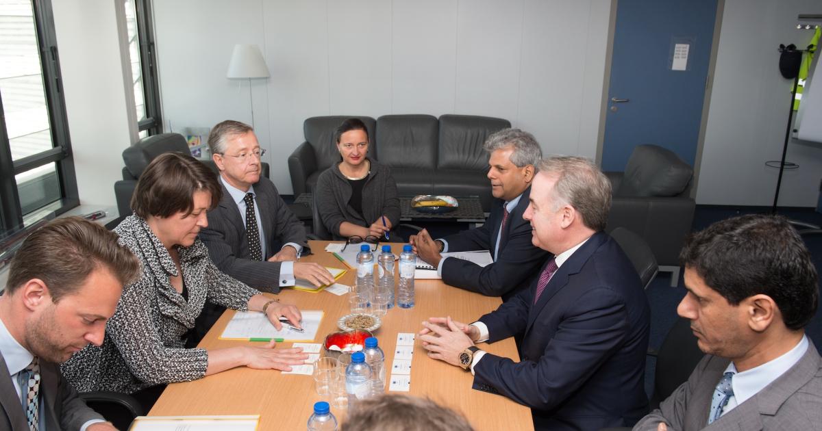 European transport commissioner Violeta Bulc, left, sits across the table from Etihad CEO James Hogan. (Photo: European Commission)
