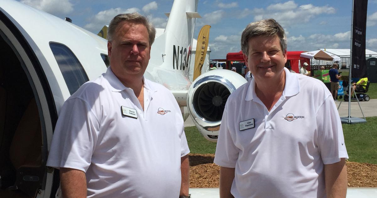 One Aviation chairman Mason Holland (left) and CEO Alan Klapmeier explained the rationale behind the merger of Eclipse Aerospace and Kestrel Aviation today at the Sun 'n' Fun airshow in Lakeland, Fla.
