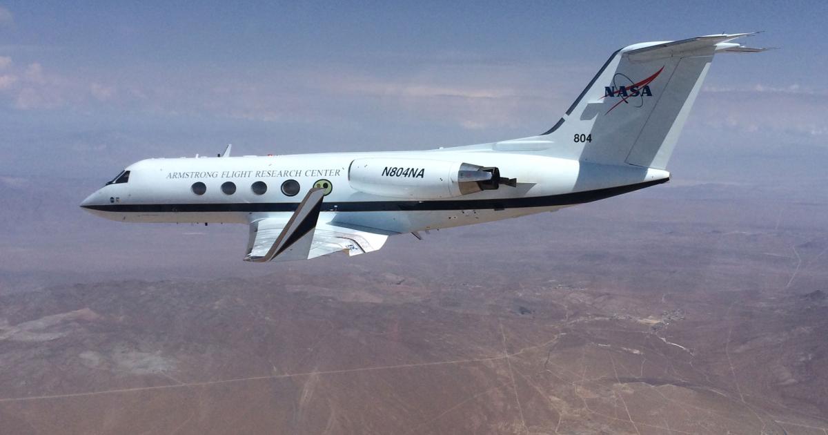 Project researchers at NASA’s Armstrong Flight Research Center in Edwards, Calif., replaced this Gulfstream III testbed's conventional aluminum flaps with shape-changing assemblies that form continuous conformal surfaces with no visible gaps. The test team successfully conducted 22 flights over the past six months from Edwards with the experimental adaptive compliant trailing edge (ACTE) flight control surfaces at flap angles ranging from -2 degrees up to 30 degrees down. (Photo: NASA)