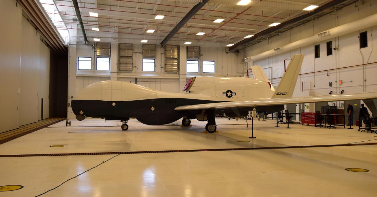 Shown is the first of three MQ-4C Triton test aircraft now based at the Patuxent River, Md., Naval Air Station. (Photo: Bill Carey)