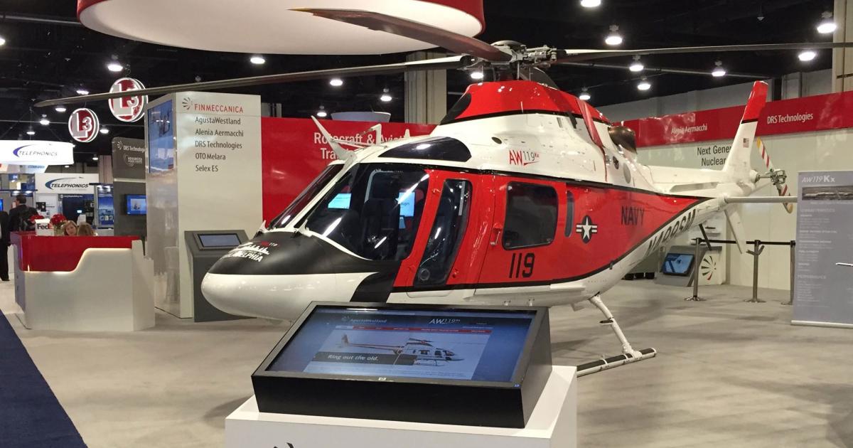 AgustaWestland displayed an AW119K in US Navy markings at the Navy League show, in support of a consortium proposal for naval helicopter training
