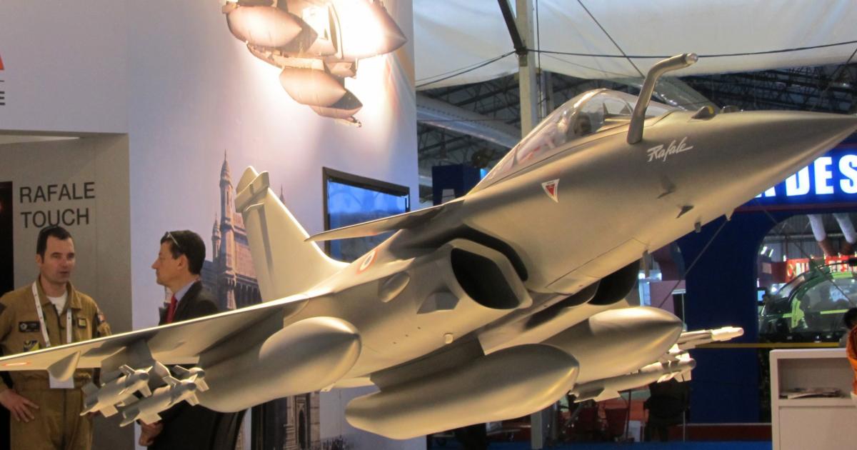 This model of the Rafale in Indian Air Force markings was displayed at the last Aero-India show. (Photo: Neelam Mathews)