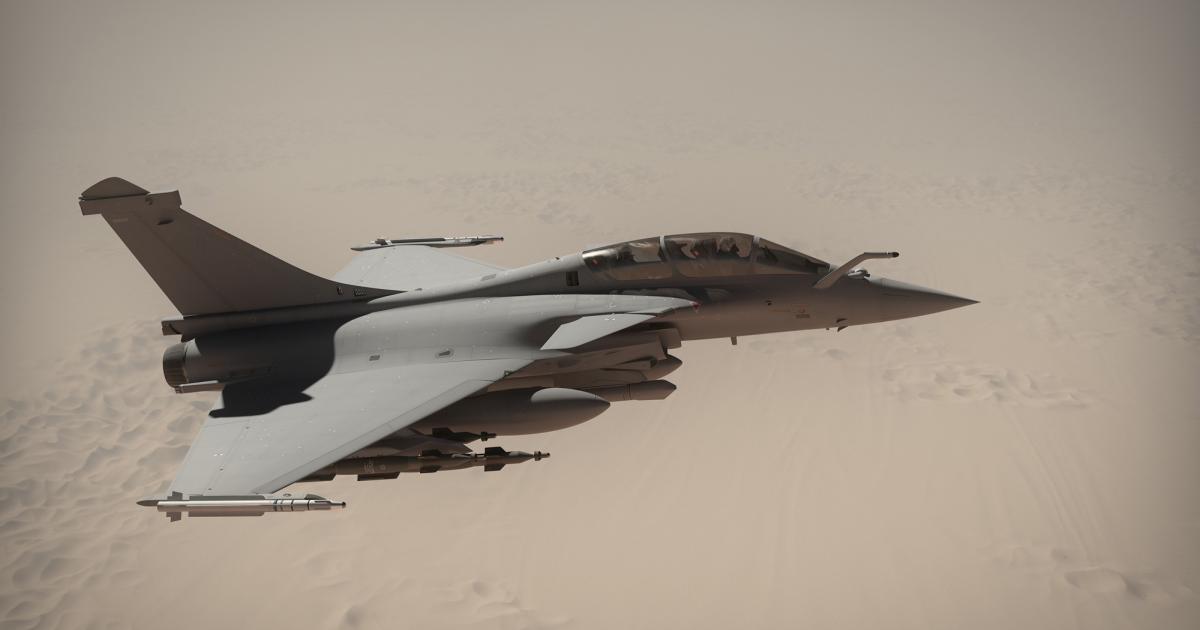 A Rafale flies over the deserts of Arabia during a deployment. French promotion of the combat jet has resulted in three export orders in three months. (Photo: Dassault Aviation)