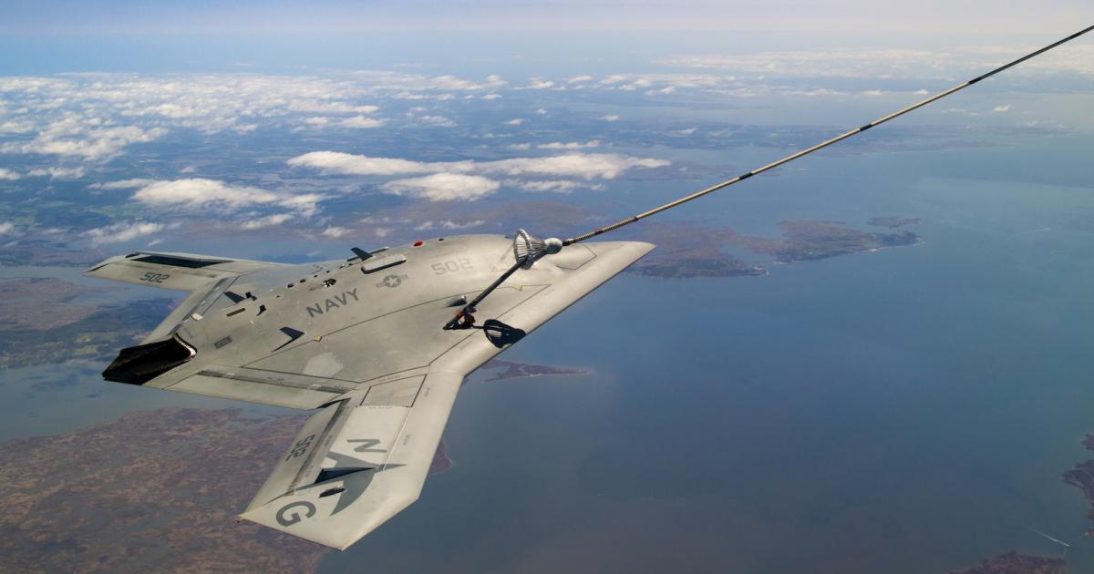 The X-47B completes the first autonomous refueling of an unmanned aircraft on April 22 over Chesapeake Bay. (Photo: U.S. Navy)