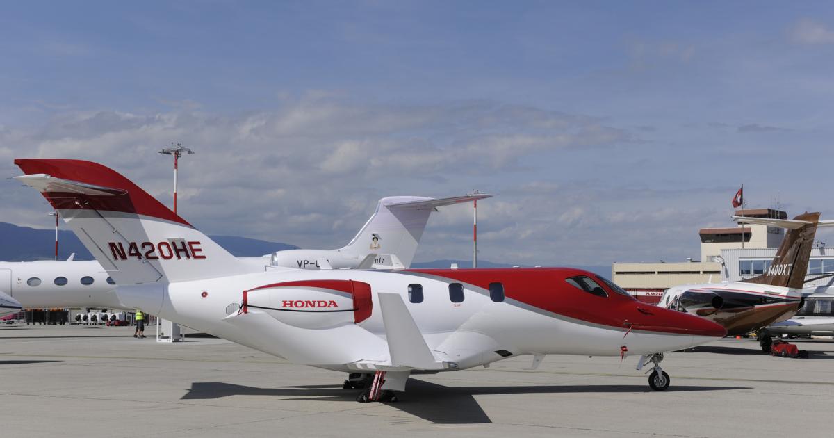 The HondaJet light jet is making its European debut here at EBACE, with plans to visit nine locations in the region. (Photo: Mark Wagner/AIN)