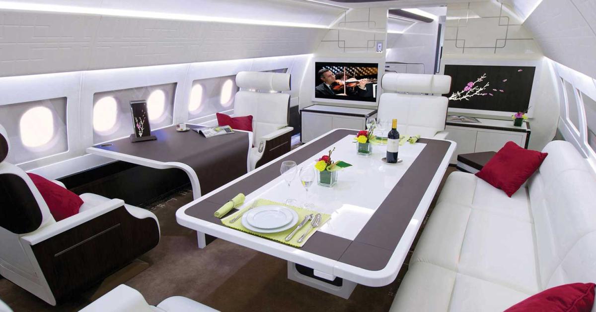 A weight-saving interior needn’t be spartan. This ACJ319 cabin was designed by Airbus Corporate Jet Center to be 10 percent lighter, and also quite stylish.