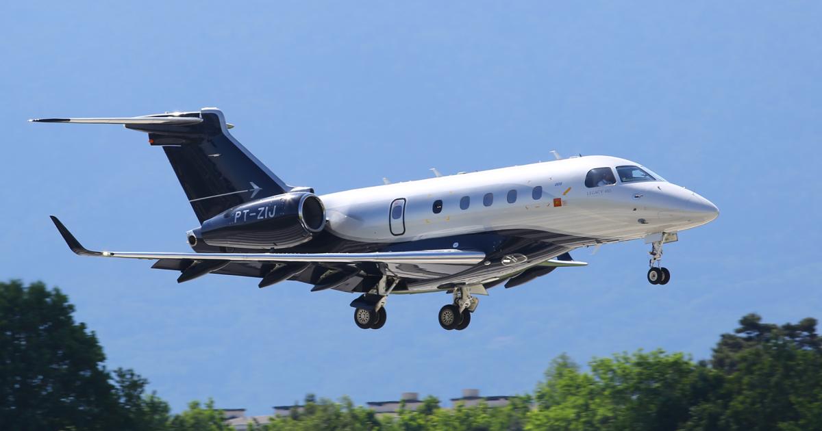 The Embraer Legacy 450 landed here in Geneva on Sunday afternoon, making its European debut. It made three stops along the journey from the company’s headquarters in São José dos Campos, Brazil. Photo: David McIntosh