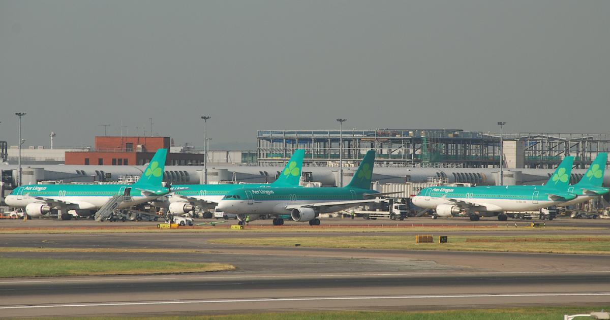 Aer Lingus Airbus A320s operate at slot-controlled London Heathrow Airport. (Photo: Flickr: <a href="http://creativecommons.org/licenses/by-sa/2.0/" target="_blank">Creative Commons (BY-SA)</a> by <a href="http://flickr.com/people/aero_icarus" target="_blank">Aero Icarus</a>)