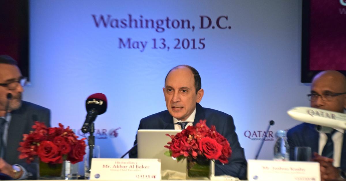Qatar Airways CEO Akbar Al Baker responds to subsidy allegations during a press conference in Washington, D.C. (Photo: Bill Carey)