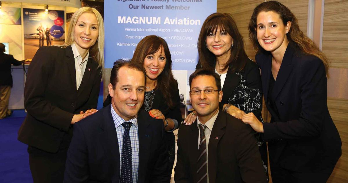 From Magnum are Irena Samsinger, left, CRM and marketing director; and Florian Samsinger, seated right, CEO. From Signature Flight Support: Mark Johnstone, seated left, managing director, EMEA; and standing, from left, Evie Freeman, director of operations and business development; Maria Sastre, president and CEO Signature Flight Support; and Lucy Lonergan, project manager.