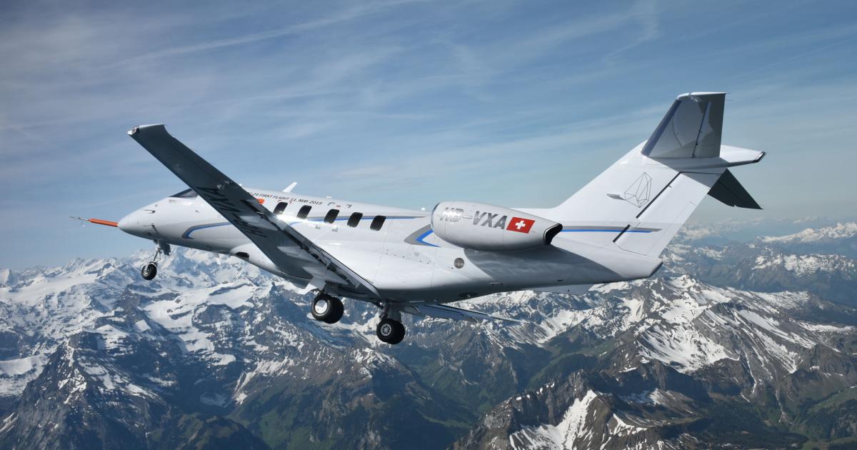 The first Pilatus PC-24 prototype, P01, made its maiden flight today (May 11) from Buochs Airport in Switzerland. Flown by Pilatus test pilots Paul Mulcahy and Reto Aeschlimann, the twinjet completed what they described as a flawless 55-minute mission. Certification is slated for 2017. (Photo: Pilatus Aircraft)