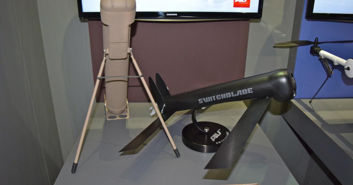 AeroVironment displayed Switchblade and its launcher at the Unmanned Systems conference in Atlanta this week. (Photo: Bill Carey)
