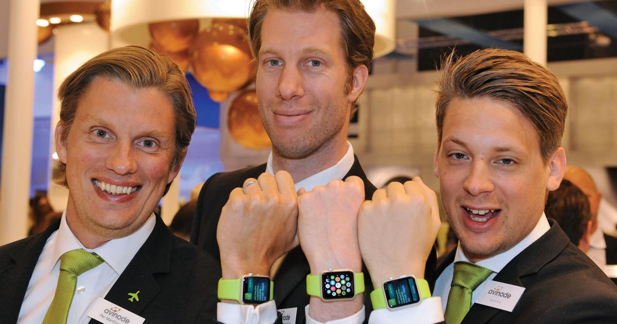 Displaying the new Avinode mobile app on their Apple Watches are, l to r: Avinode’s Per Marthinsen, Gustave Andreasen and Martin Fors.