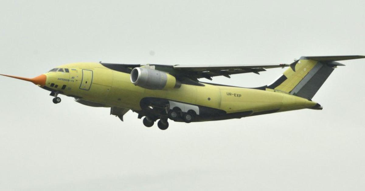 Seen here on its maiden flight,  the An-178 is derived from the An-148/158 passenger twinjets. (Photo: Antonov)