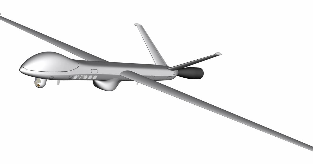This new impression of a Euro-Male UAV is notional, since major design parameters have not yet been set. Moreover, AIN understands that the unusual rear appendage is a mistake by the artist that will not form part of the design. (Photo: Airbus D&S/Dassault/Finmeccanica)