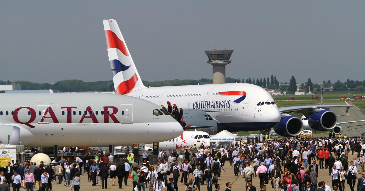 Paris Air Show organizers are expecting 2,200 exhibitors from some 45 countries and approximately 340 chalets. In addition, they are expecting 139,000 trade visitors from 181 countries and will have 26 national pavilions and 285 foreign delegations, including 151 defense delegations. 