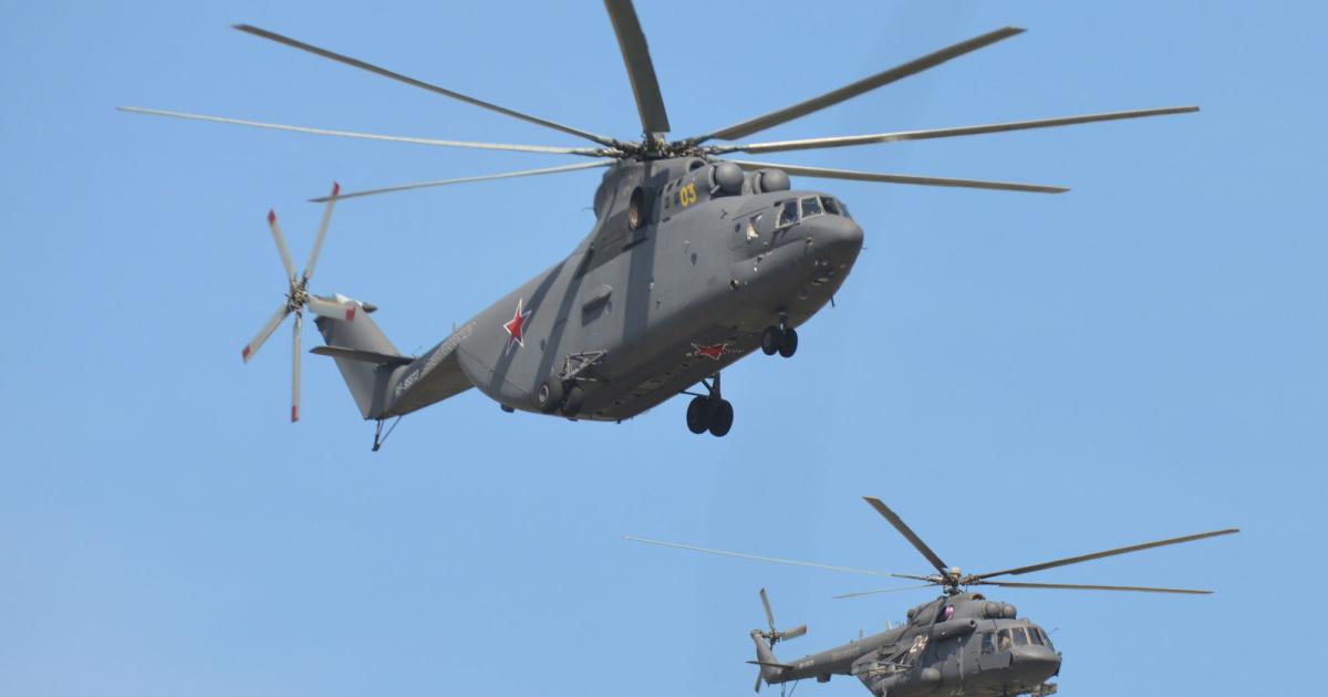 An Mi-26 led the flypast over the Victory Day parade in Moscow, followed by Mi-17s. Russia and China will jointly develop a successor heavy-lift helicopter. (Photo: Vladimir Karnozov)