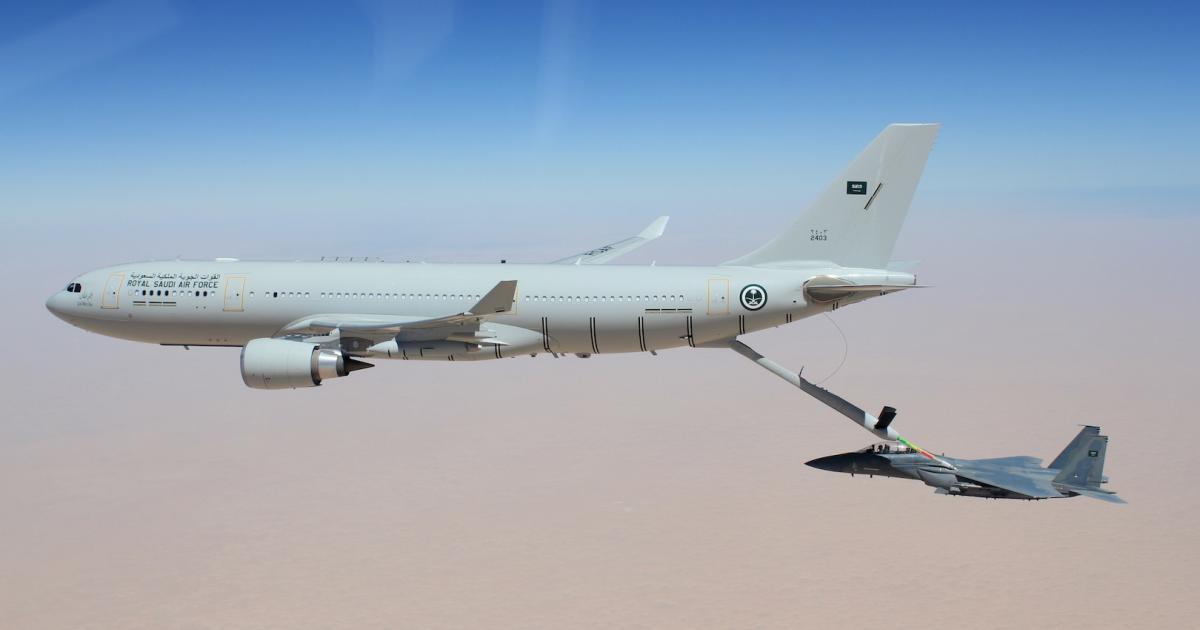 A Royal Saudi Air Force Airbus A330 MRTT tanker refuels an F-15 in flight. (Courtesy: Airbus Defense and Space)